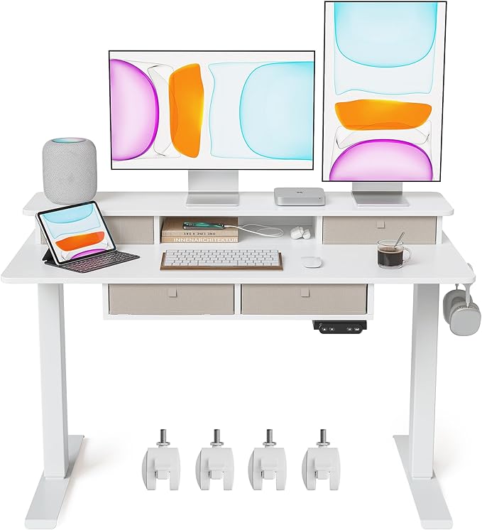 BANTI Height Adjustable Electric Standing Desk with 4 Drawers, 48 x 24 Inch Table with Storage Shelf, Sit Stand Desk, White Top - LeafyLoom