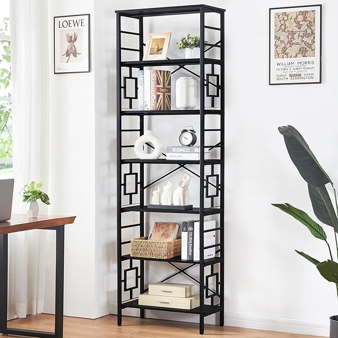 HOMISSUE Bookcase,7-Tier Tall Bookshelf Metal Bookcase and Bookshelves, Free Standing Storage Modern Bookshelf for Home Office Living Room and Bedroom，Black - LeafyLoom