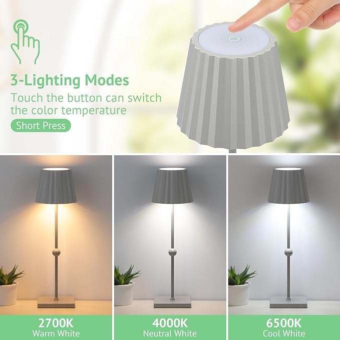 GGOYING Battery Operated Table Lamp,5200mAh Cordless Portable LED Lamp with 3 Temperature, Stepless Dimmable Minimalist Battery LED Night Light Camping(Gray) - LeafyLoom