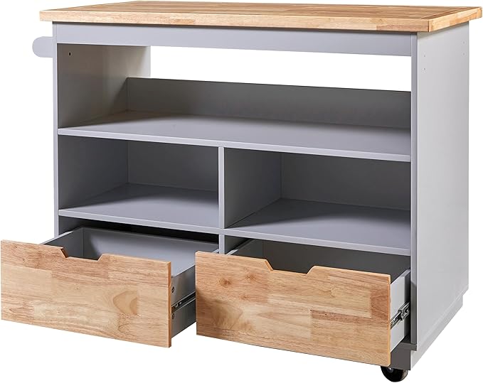 Kitchen Island with Storage, Two-Sided Rolling Extended Table on Wheels w/Wood Top, Wine and Spice Rack, 2 Drawers, 3 Open Compartments for Dinning Room - LeafyLoom