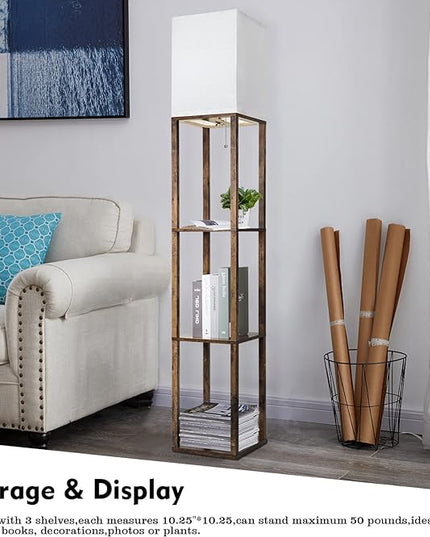RUNTOP Floor Lamp with Shelves, Modern Shelf Lamp for Display Storage, 3 Color Temperature Wood Narrow Standing Corner Lamp with 8W Bulb for Living Room Decor, Bedroom, Office, Home Decor(Brown) - LeafyLoom