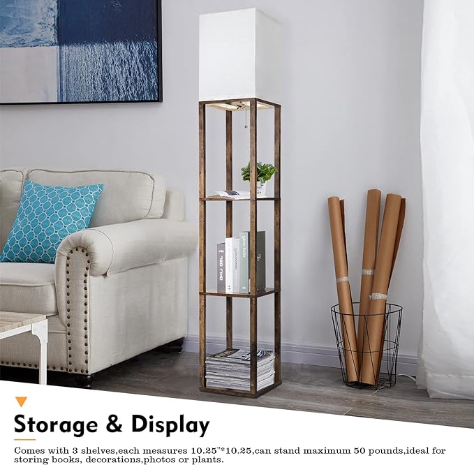 RUNTOP Floor Lamp with Shelves, Modern Shelf Lamp for Display Storage, 3 Color Temperature Wood Narrow Standing Corner Lamp with 8W Bulb for Living Room Decor, Bedroom, Office, Home Decor(Brown) - LeafyLoom