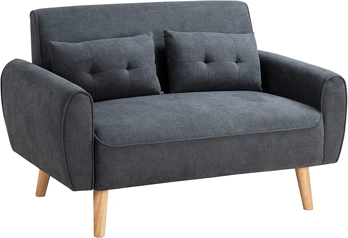 Shintenchi 47" Small Modern Loveseat Couch Sofa, Fabric Upholstered 2-Seat Sofa, Love Seat Furniture with 2 Pillows, Wood Leg for Small Space, Living Room, Bedroom, Apartment, Dark Grey - LeafyLoom