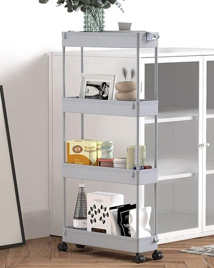 SPACELEAD Slim Storage Cart 4 Tier,Bathroom Storage Organizer Rolling Utility Cart, Mobile Shelving Unit Slide Out Storage Cart for Office, Bathroom, Kitchen, Laundry Room & Narrow Places， Grey - LeafyLoom