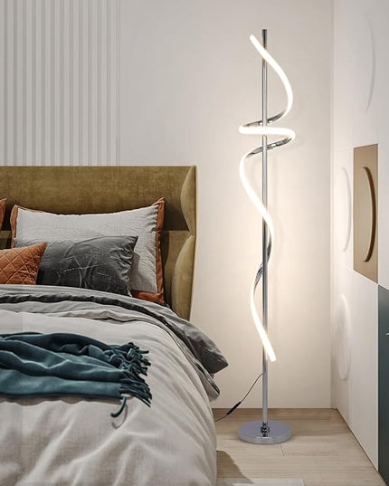 LED Modern Floor Lamp for Living Room,60" Spiral Floor Lamps with Remote Control,48W 3 Colors Stepless Dimmable Floor Standing Lamp Reading Corner Floor Tall Lamp for Bedroom Office - Chrome - LeafyLoom