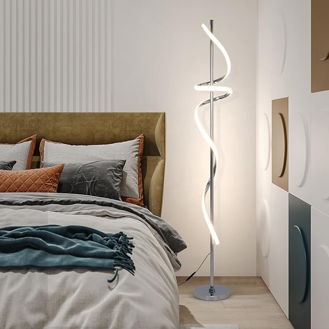 LED Modern Floor Lamp for Living Room,60" Spiral Floor Lamps with Remote Control,48W 3 Colors Stepless Dimmable Floor Standing Lamp Reading Corner Floor Tall Lamp for Bedroom Office - Chrome - LeafyLoom