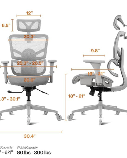 WELLNEW Prestige Ergonomic Office Chair - Height Adjustable Backrest Lumbar Support, Seat Depth Adjust, 3D Headrest, 4D Armrests, Blade Wheels, Mesh Computer Gaming Chairs Executive Swivel Chair - LeafyLoom