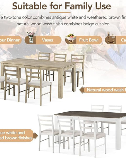 71.5 Inch Dining Table Set for 6, 7-Piece Wooden Extendable Table with 12" Leaf and 2 Drawers, 6 Dining Chairs with Soft Cushion for Dining Room, Living Room, Natural Wood Wash - LeafyLoom