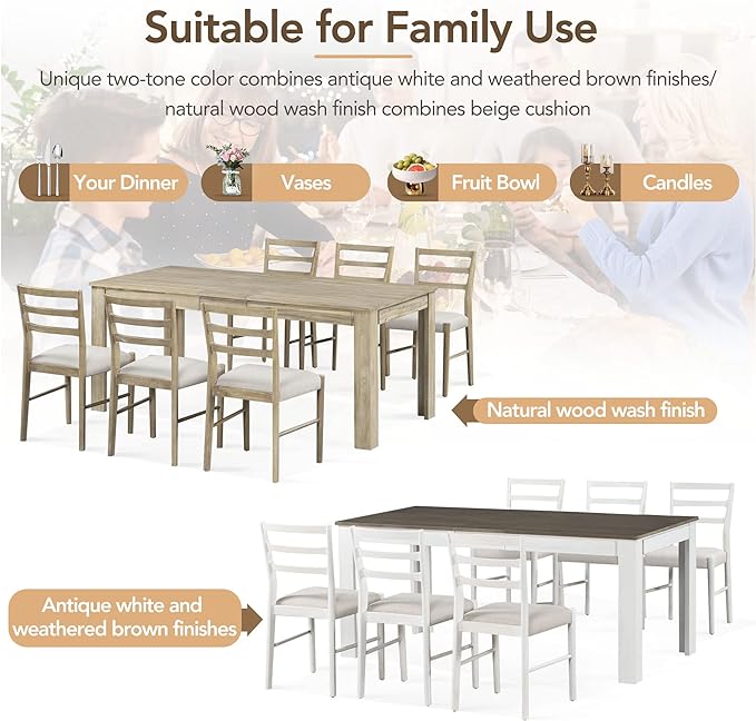 71.5 Inch Dining Table Set for 6, 7-Piece Wooden Extendable Table with 12" Leaf and 2 Drawers, 6 Dining Chairs with Soft Cushion for Dining Room, Living Room, Natural Wood Wash - LeafyLoom