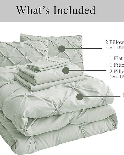 LANE LINEN Twin Comforter Set, 5 Piece Twin Bedding Sets, Ultra Soft Pintuck Twin Bed in a Bag Set with Down Alternative Comforter, Sheets, Pillowcase & Sham, Pinch Pleated Kids Bedding Set - Mineral - LeafyLoom