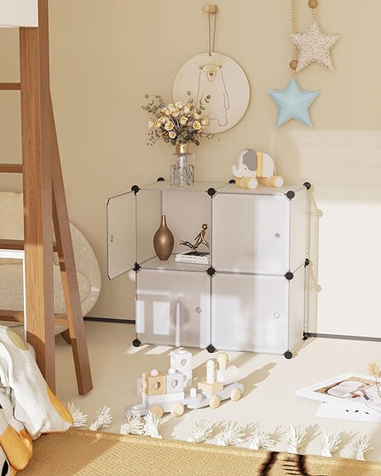C&AHOME Cube Storage Organizer with Doors, 4-Cube Shelves, Closet Cabinet, DIY Plastic Modular Bookshelf Ideal for Bedroom, Living Room, 24.8" L x 12.4" W x 24.8" H White USHS04W-DOOR - LeafyLoom
