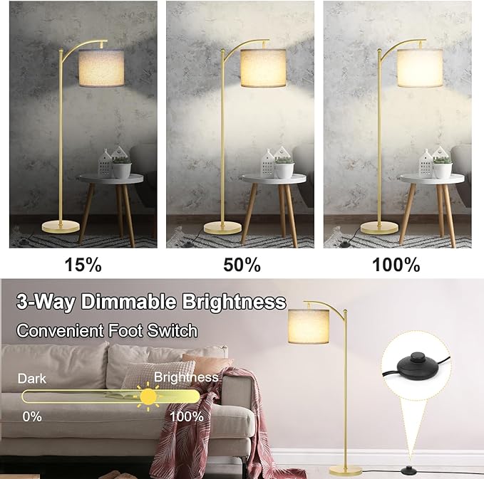 Floor Lamp for Living Room, Dimmable Standing Lamp Tall with Linen Shade Modern Floor Lamps Foot-step Switch Reading Lamp for Living Room Bedroom Office Dining Room, 9W Bulb Included (Gold) - LeafyLoom