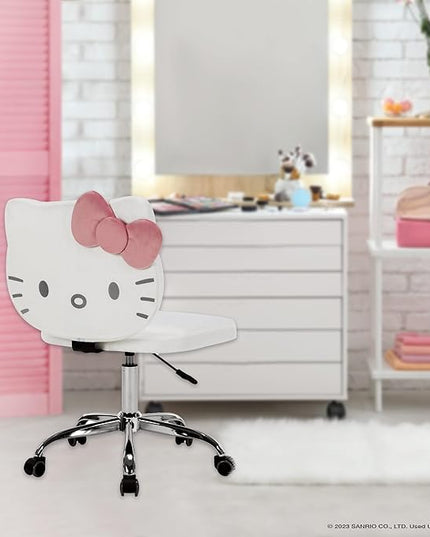 Impressions Vanity Hello Kitty Kawaii Swivel Vanity Chair for Makeup Room, Adjustable Height Cute Desk Chair with Wheels Rolling, Comfy Polyurethane Foam Back Armless Chair for Dorm (White) - LeafyLoom