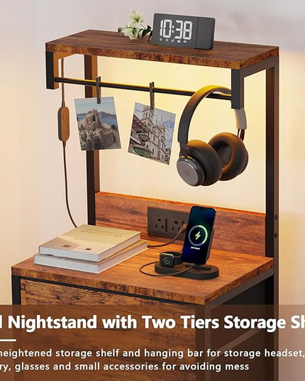 Furnulem Tall Nightstands Set of 2, Night Stand with 4 Drawers and and shelves, Tall Bedside Table with Charging Station and LED Lights for Bedroom, Office, Dorm (Rustic Brown) - LeafyLoom