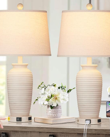 25" Farmhouse Jar Table Lamps Set of 2, 3 Way Touch Control Rustic Bedside Lamps with USB A+C Ports & AC Outlet, Pot Nightstand Lamps for Bedroom Living Room (LED Bulbs Included) - LeafyLoom