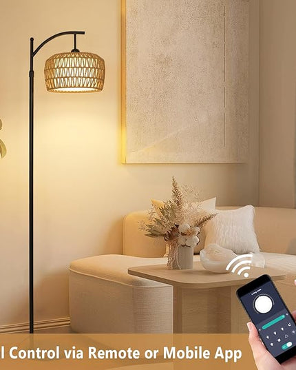 Arc Floor Lamp with Remote, Dimmable Rattan Floor Lamp with LED Bulb, Boho Farmhouse Tall Pole Lamp with Rattan & Fabric Shades, Modern Black Standing Lamps for Living Room Bedroom Nursery - LeafyLoom