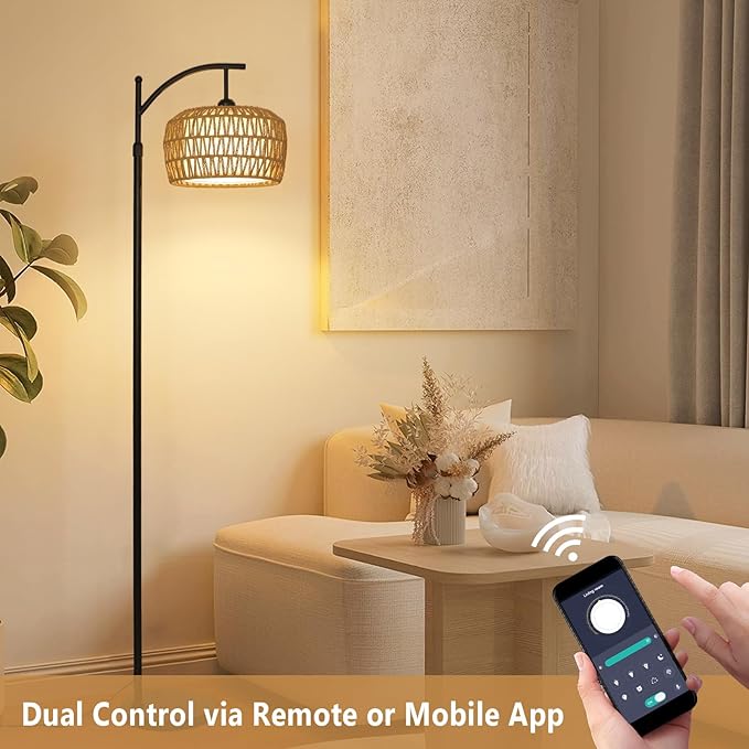 Arc Floor Lamp with Remote, Dimmable Rattan Floor Lamp with LED Bulb, Boho Farmhouse Tall Pole Lamp with Rattan & Fabric Shades, Modern Black Standing Lamps for Living Room Bedroom Nursery - LeafyLoom