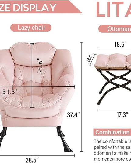 LITA Lazy Chair with Ottoman, Modern Accent Leisure Upholstered Sofa Chair, Contemporary Lounge Reading Chair with Armrests and a Side Pocket for Living Room, Bedroom & Small Space, Pink - LeafyLoom