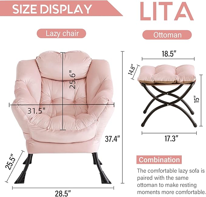 LITA Lazy Chair with Ottoman, Modern Accent Leisure Upholstered Sofa Chair, Contemporary Lounge Reading Chair with Armrests and a Side Pocket for Living Room, Bedroom & Small Space, Pink - LeafyLoom