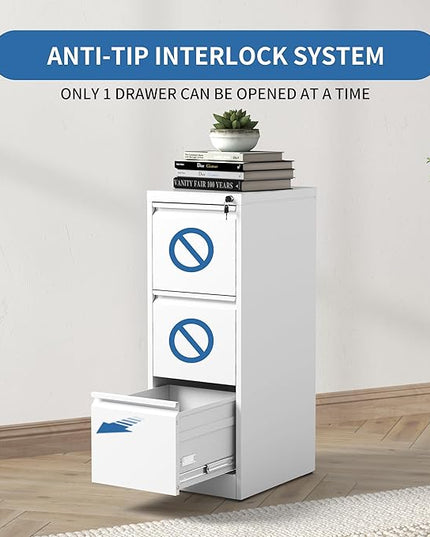 3 Drawer File Cabinet with Lock, Metal Vertical Filing Cabinets for Home Office, Steel Storage Cabinet for Hanging Legal/Letter Size Files, Assembly Required (White) - LeafyLoom