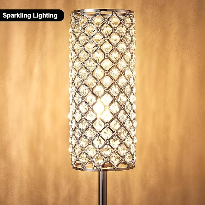 Crystal Floor Lamp with Bulb for Girls Bedroom Silver, Living Room, Modern Tall Glam Minimalism Pole Corner Standing Light for office, Dorm Hotel - LeafyLoom