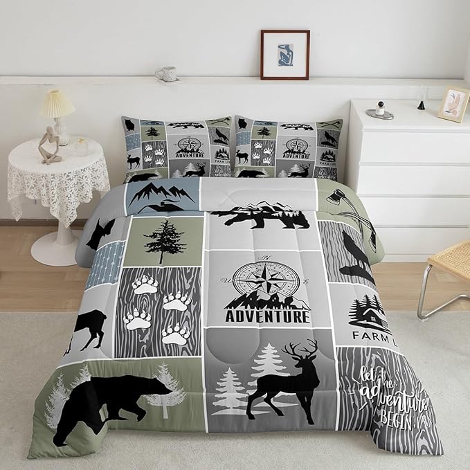 Rustic Farmhouse Cabin Kids Comforter Set Queen Size,Deer Bear Hunting Adventure Bedding Set for Boys Girls Adults Room Decor,Geometric Plaids Down Comforter,Gray Green Duvet Insert,2 Pillowcases - LeafyLoom