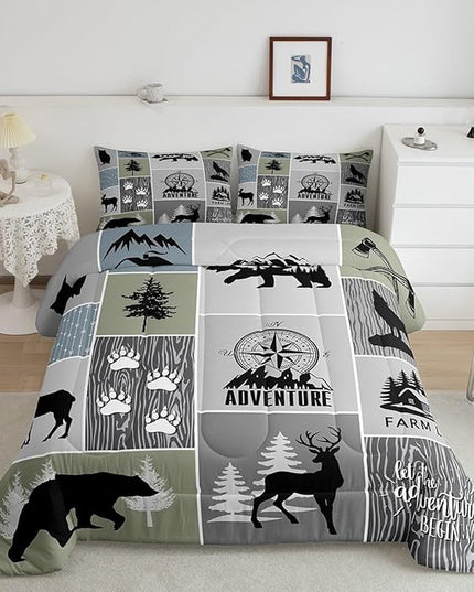 Rustic Farmhouse Cabin Kids Comforter Set King Size,Deer Bear Hunting Adventure Bedding Set for Boys Girls Adults Room Decor,Geometric Plaids Down Comforter,Gray Green Duvet Insert,2 Pillowcases - LeafyLoom