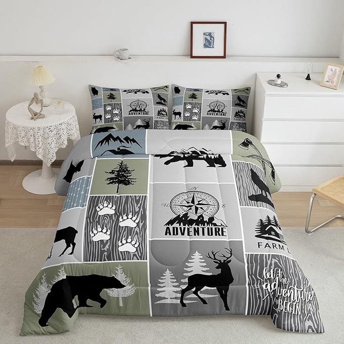 Rustic Farmhouse Cabin Kids Comforter Set King Size,Deer Bear Hunting Adventure Bedding Set for Boys Girls Adults Room Decor,Geometric Plaids Down Comforter,Gray Green Duvet Insert,2 Pillowcases - LeafyLoom