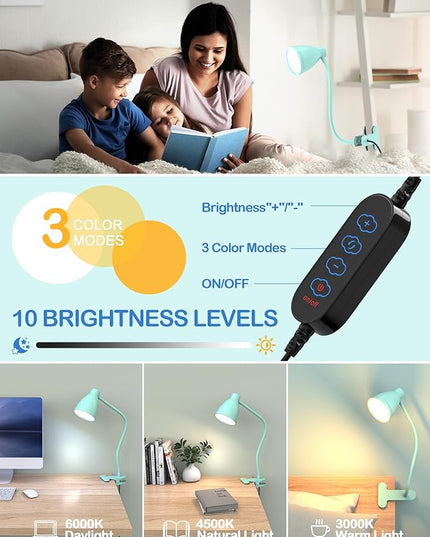 BOHON Desk Lamp with Clamp, 10W 38 LED Clip on Light, 3 Color 10 Brightness Auto Off Timer, Flexible Gooseneck Clip Lamp, Desk Lights for Office Home Bed Bedside Reading, Adapter Include, Teal - LeafyLoom
