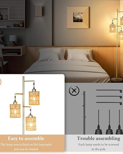 Farmhouse Floor Lamp, Industrial Style Tall Lamps, Boho Tree Standing Tall Lamp with Sturdy Modern Vintage Design for Living Room Bedroom Office Dining Room(Glod) - LeafyLoom