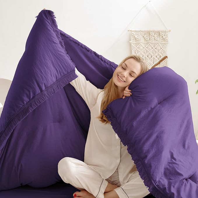 Andency Purple Comforter Set Full, 3 Pieces Boho Tassel Lightweight Bedding Comforter Sets, All Season Soft Fluffy Fringe Bed Set (79x90In Comforter & 2 Pillowcases) - LeafyLoom