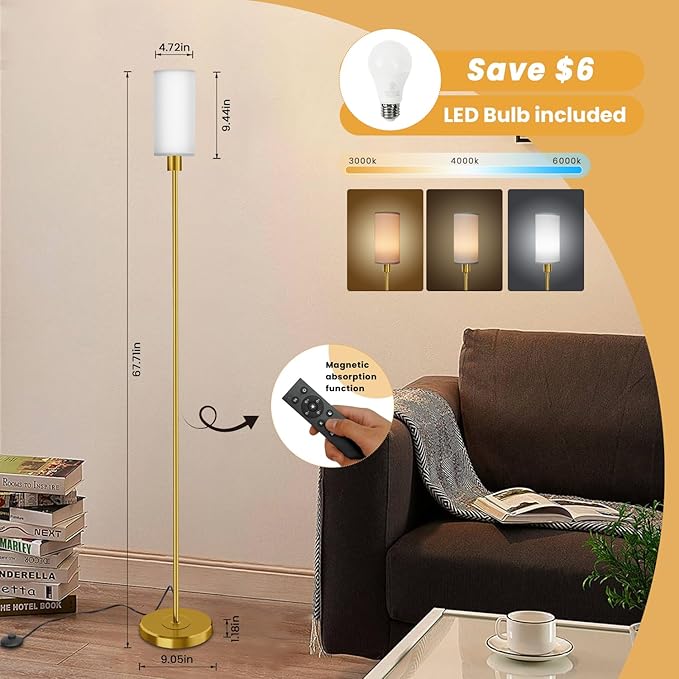 Floor Lamp for Living Room with 3 Color Temperature LED Bulb, Modern Standing Lamp with Remote Control, 68" Tall Pole Floor Lamp for Office, Bedroom, Reading (Bulb Included) - LeafyLoom