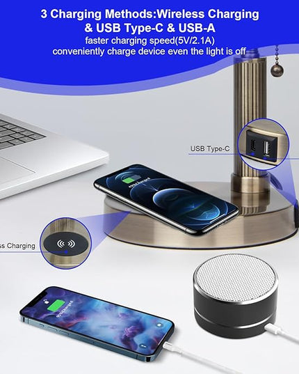 FIRVRE Bankers Lamp with2 USB and Wireless Charging Port，Pull Chain Switch Blue Glass Desk Lamp， E26 Base,Traditional Library Desk Lamps for Home Office,Bedroom,Piano - LeafyLoom