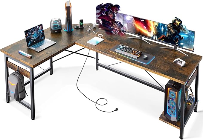 Coleshome 66" L Shaped Gaming Desk with Outlet, L Shaped Desk with CPU Stand, Corner Computer Desk, Home Office Desk, Writing Desk, Vintage - LeafyLoom