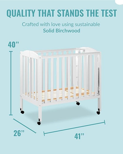 3 in 1 Portable Folding Stationary Side Crib in White, Greenguard Gold & Sunset 3” Extra Firm Fiber Crib Mattress, Greenguard Gold Certified, Waterproof Vinyl Cover - LeafyLoom