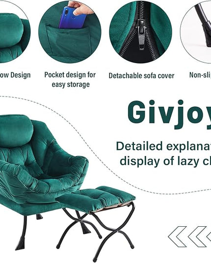 Lazy Chair and Ottoman, Large Accent Lounge Chair with Armrests and a Side Pocket, Modern Leisure Upholstered Sofa Reading Armchair with Footrest for Bedroom, Living Room, Dorm Rooms, Office - LeafyLoom
