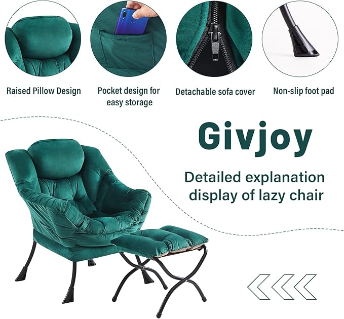 Lazy Chair and Ottoman, Large Accent Lounge Chair with Armrests and a Side Pocket, Modern Leisure Upholstered Sofa Reading Armchair with Footrest for Bedroom, Living Room, Dorm Rooms, Office - LeafyLoom