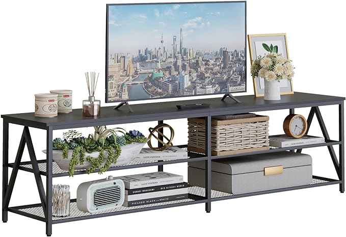 TV Stand for TV up to 75 Inch, Long 70" TV Cabinet with 3-Tier Storage Shelves,Entertainment Center TV Console Table for Living Room with Industrial TV Metal Frame, Black Oak - LeafyLoom