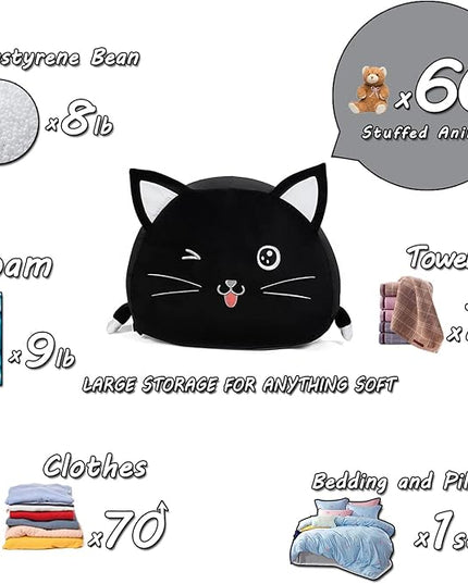 Black Cute Cat Toy Organizers Stuffed Animal Storage Bean Bag Chair for Boys and Girls, Home Game & Recreation Room Kids Furniture Beanbags - LeafyLoom