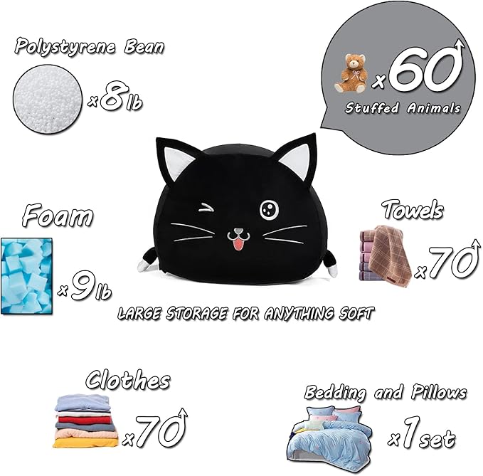 Black Cute Cat Toy Organizers Stuffed Animal Storage Bean Bag Chair for Boys and Girls, Home Game & Recreation Room Kids Furniture Beanbags - LeafyLoom
