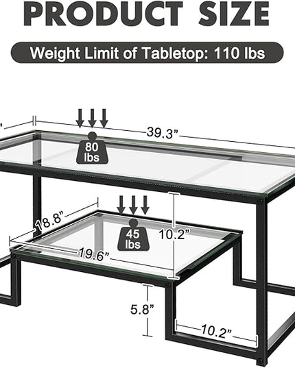 Coffee Table Black Glass Coffee Table for Living Room,2 Tiers Rectangle Center Table with Sturdy Metal Frame,Modern Tempered Glass Accent Table for Bedroom Home Office - LeafyLoom