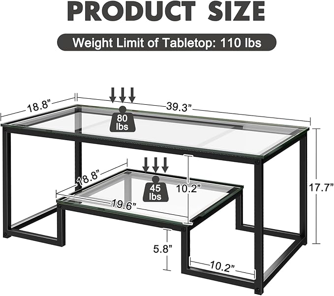 Coffee Table Black Glass Coffee Table for Living Room,2 Tiers Rectangle Center Table with Sturdy Metal Frame,Modern Tempered Glass Accent Table for Bedroom Home Office - LeafyLoom