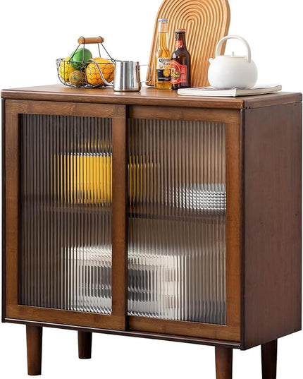 Tiita Bamboo Sideboard Buffet Cabinet, Rattan Kitchen Storage Cabinet, Boho Coffee Bar Tables for Kitchen Living Room Hallway Office, Walnut - LeafyLoom