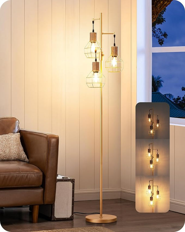 EDISHINE Dimmable Farmhouse Floor Lamp for Living Room, Industrial Standing Lamp with 3 LED Edison Bulbs, Corner Rustic Rattan Tall Tree Reading Lamps Home Decor for Bedroom, Office, Gold - LeafyLoom