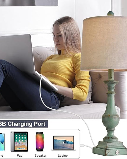PORTRES 25.75" 3 - Way Dimmable Touch Lamps Set of 2 for Bedroom Rustic Bedside Lamp with USB A+C Charging Ports for Living room Kids Room Study Room （Green） - LeafyLoom