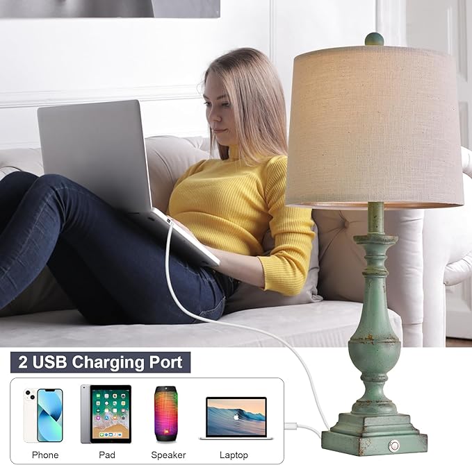 PORTRES 25.75" 3 - Way Dimmable Touch Lamps Set of 2 for Bedroom Rustic Bedside Lamp with USB A+C Charging Ports for Living room Kids Room Study Room （Green） - LeafyLoom