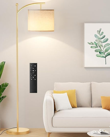 Ambimall Floor Lamp with Remote Control and Stepless Dimmable Bulb, Colors Temperature & Brightness Adjustable, Modern Floor Lamps for Living Room（Beige Shade & Gold Pole） - LeafyLoom