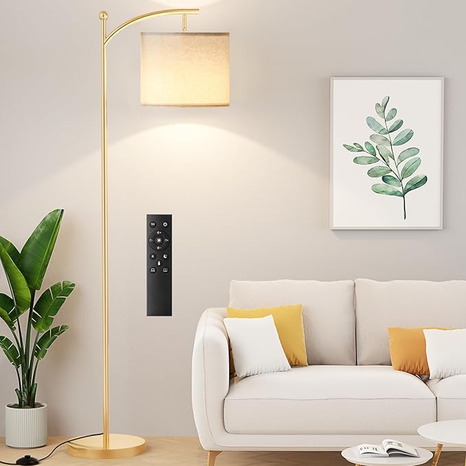 Ambimall Floor Lamp with Remote Control and Stepless Dimmable Bulb, Colors Temperature & Brightness Adjustable, Modern Floor Lamps for Living Room（Beige Shade & Gold Pole） - LeafyLoom