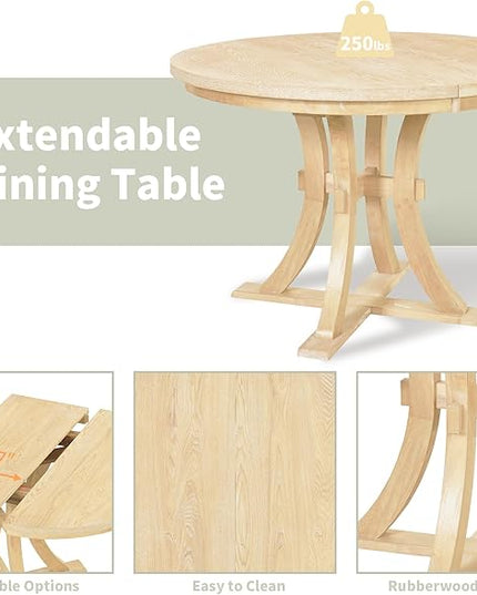 Merax 5-Piece, Natural Rustic Set with Round Pedestal Extendable Table and 15.7" Removable Leaf, Simple Dining Chirs for Small Places - LeafyLoom