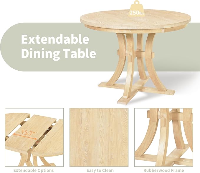 Merax 5-Piece, Natural Rustic Set with Round Pedestal Extendable Table and 15.7" Removable Leaf, Simple Dining Chirs for Small Places - LeafyLoom